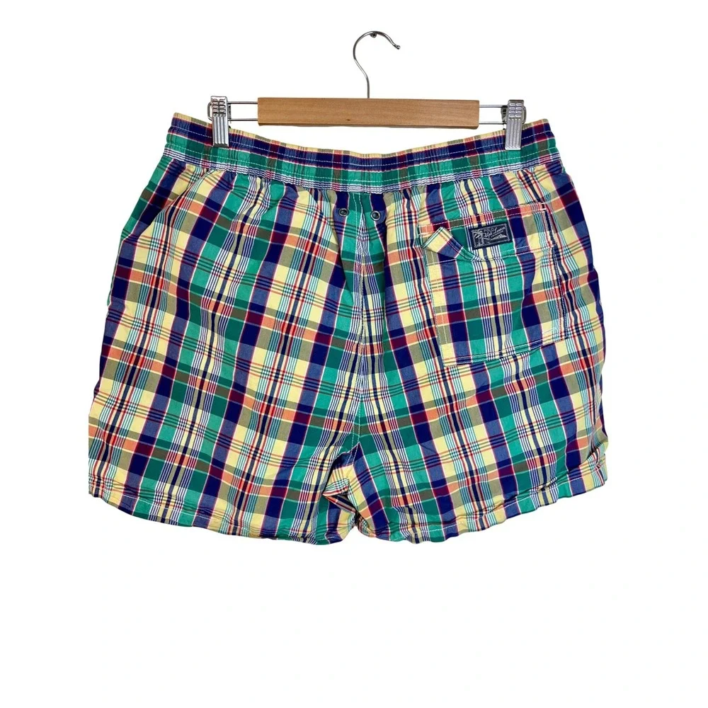 Vintage POLO Ralph Lauren Plaid Swim Shorts Men L Board Trunks Preppy Summer Ivy